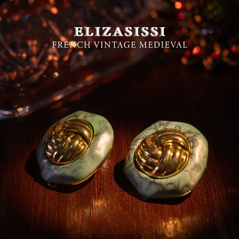 Fashion medieval vintage Cuifa Li green loose hand carving irregular texture old retro court style stud earrings