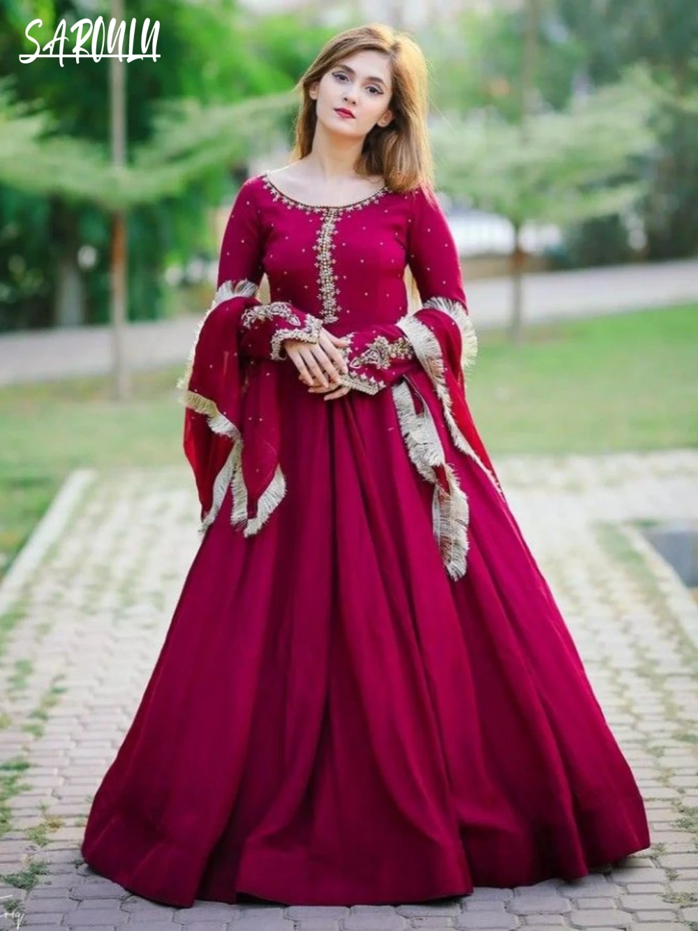 Abito da sera pakistano fantasia o-collo Abito da sposa vintage a maniche lunghe Abito da festa con perle Abito lungo fino al pavimento Robe De Mariée Personalizzato