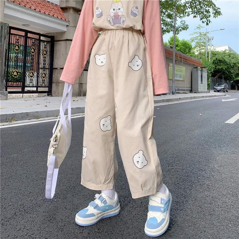 Kawaii Soft Girly Loose Casual Straight Pants Girls Thin Cute Cartoon Bear Printing Elastic Waist Ankle-Length Pants For Female