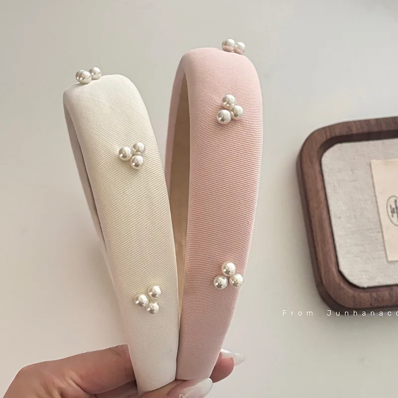 Fresh Twill Fabric pink nail pearl hair hoop Simple Solid Color Sponge Headband Hairpin Hair accessories