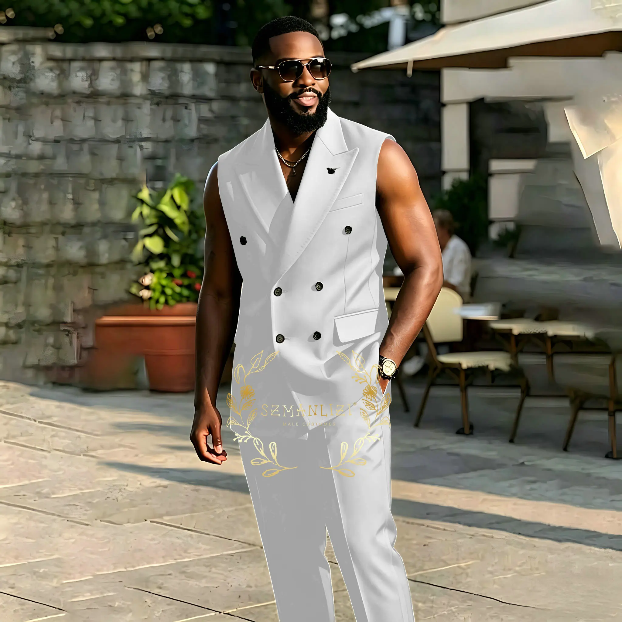 

Casual White Men Suit Set 2 Piece Blazer+Pants No Sleeves Customized Formal Office Jacket Prom Wedding Party Tuxedos Outfit