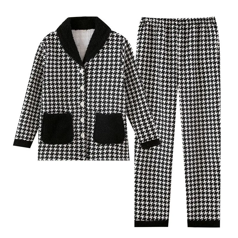 2024 New Houndstooth Air Cotton Pajamas Women Autumn Winter Pure Cotton Sleepwear Thickened Cardigan Warm V-neck Homewear Set