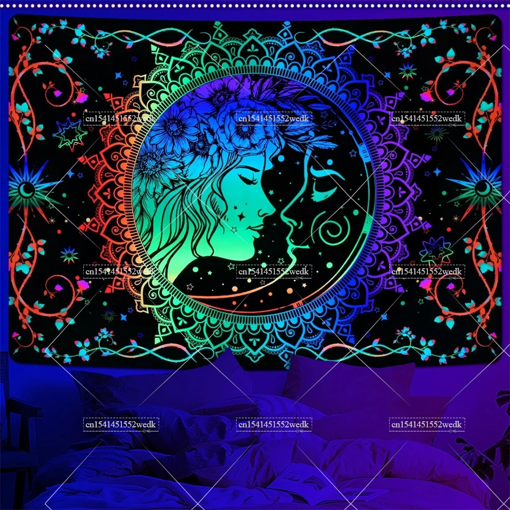 Sun Godness Blacklight Tapestry UV Reactive Mandala Flowers Black Light Tapestry Neon Glow In The Dark Wall Decor Party Backdrop