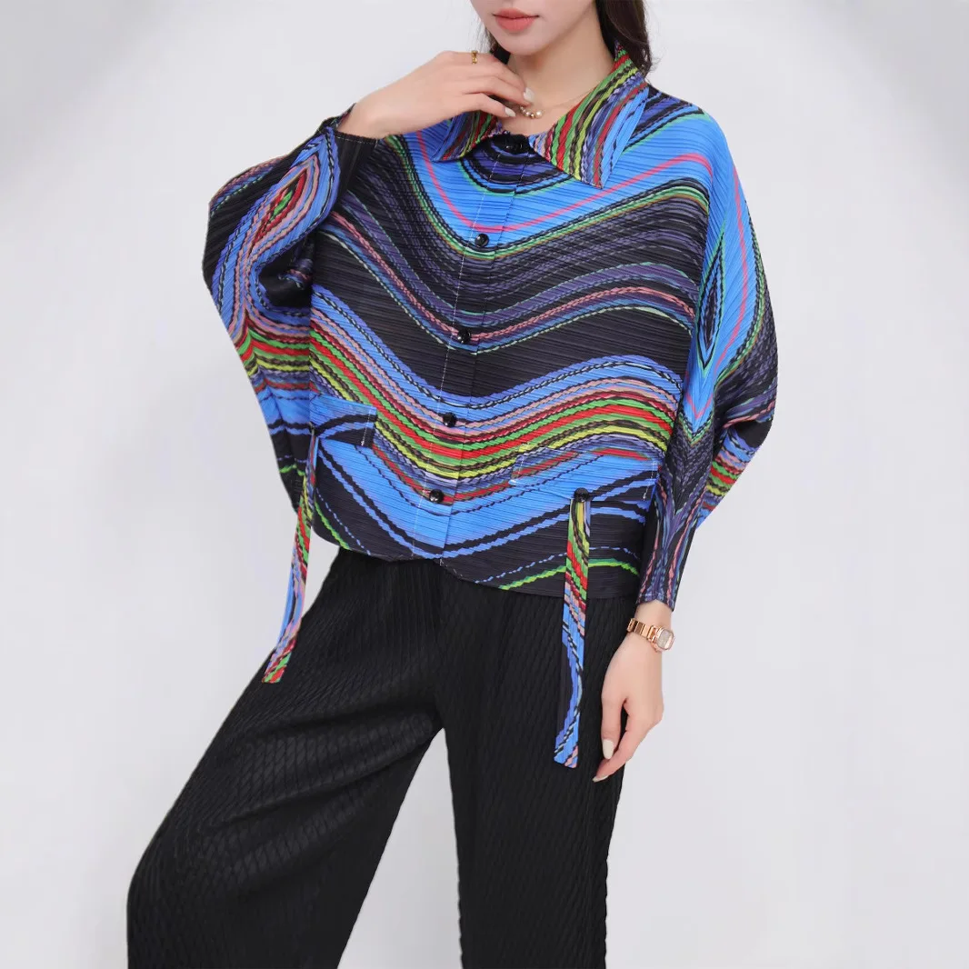 

Miyake, весна 2025, кардиган с морщинистыми лацканами, однорядный, с несколькими пуговицами, с цветным принтом, в стиле ретро, повседневная модная универсальная куртка Evergrande