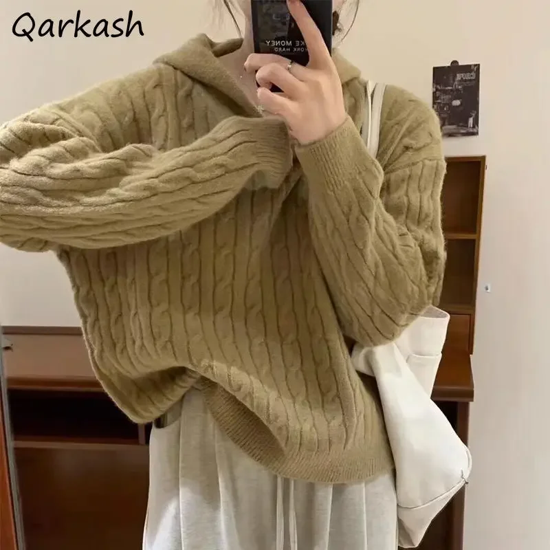 

Hooded Knitted Pullovers Women 6-Color Harajuku Twist Vintage Japanese Sweater Pull Femme High Street Fashion Tops Teens Gentle