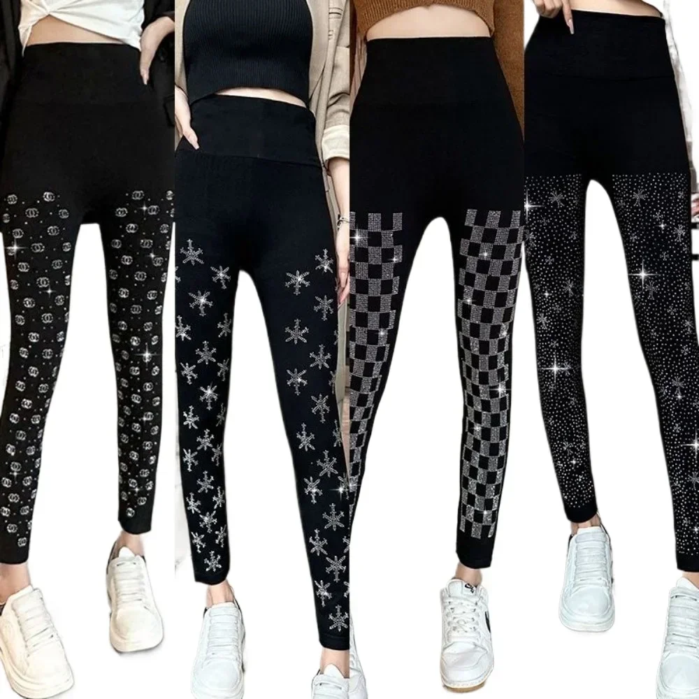 High Waist Yoga Pants Rhinestone Elastic Plush Warm Tights Trendy Seasons Cotton Women's Leggings Bright Diamond Casual Slim 1