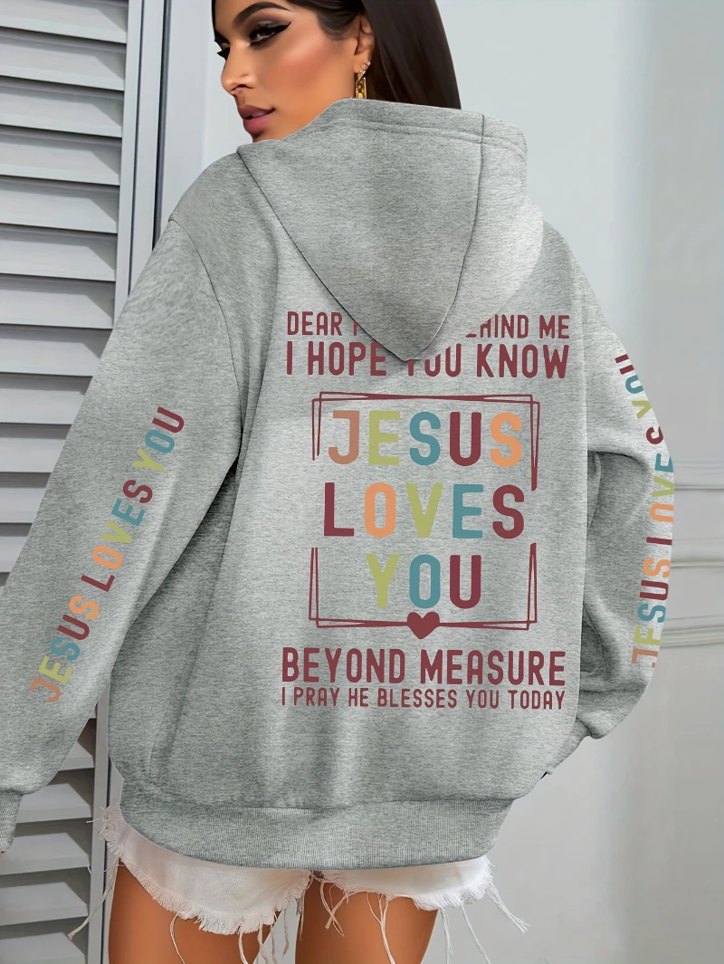 Gesù ti ama Felpe con cappuccio da donna con stampe di lettere Felpe con tasche larghe con cappuccio in pile invernale Top caldi Abiti da donna neri da strada