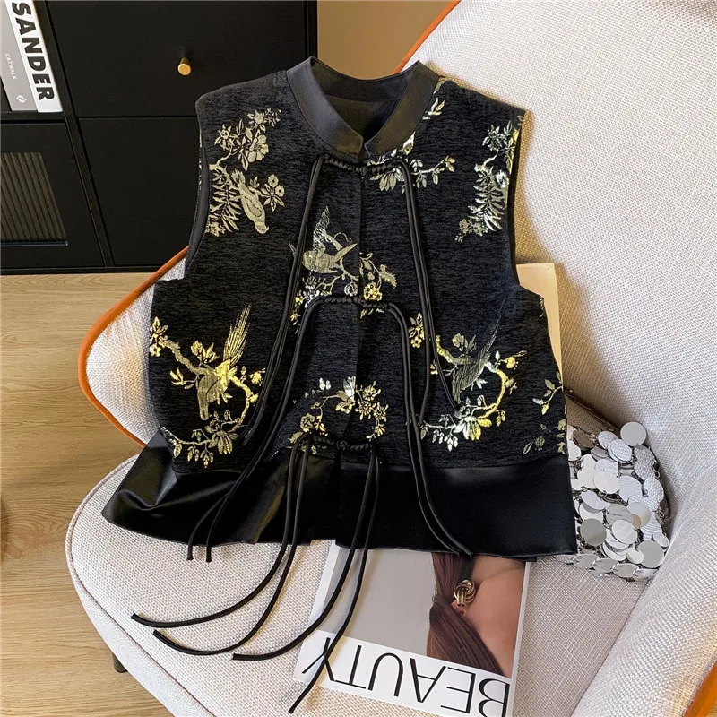 Black Patchwork Silk Split Vest Women Chinese Gold Embroidery Vest Autumn Retro Waistcoat Buckle Tassel Tank Tops Versatile 3560