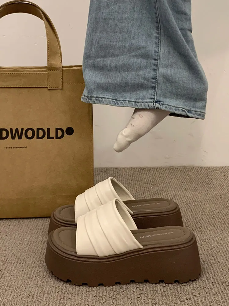 

Women's Summer Outdoor Thick Heel Sandals Increased Height Flat Footwear Ultra Comfortable Korean Style round Head Slip-On