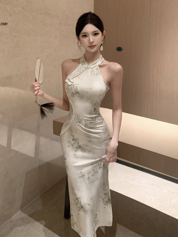 

2025 chinese improved style retro fashion sleeveless printed cheongsam sexy dress for women long elegant elegant qipao dress