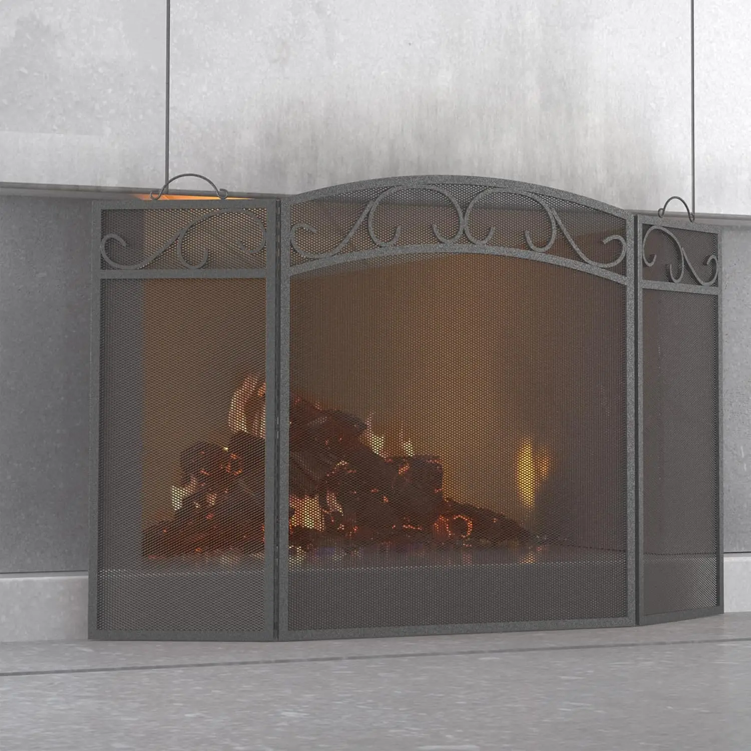 

Fireplace Screen 3 Panel with Handles Wrought Iron 51"(L) x31(H) Spark Guard Cover(Pewter)