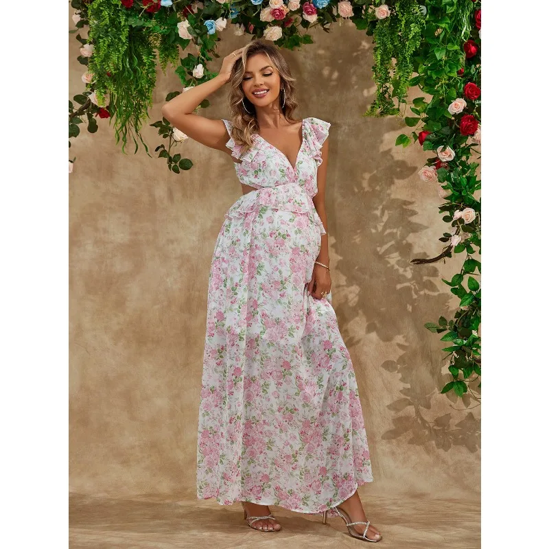 Pink Floral Print Chiffon Maternity Dress Ruffle V-Neck Waist Cutout Sleeveless Maxi Dress  Baby Shower Wedding Guest Party