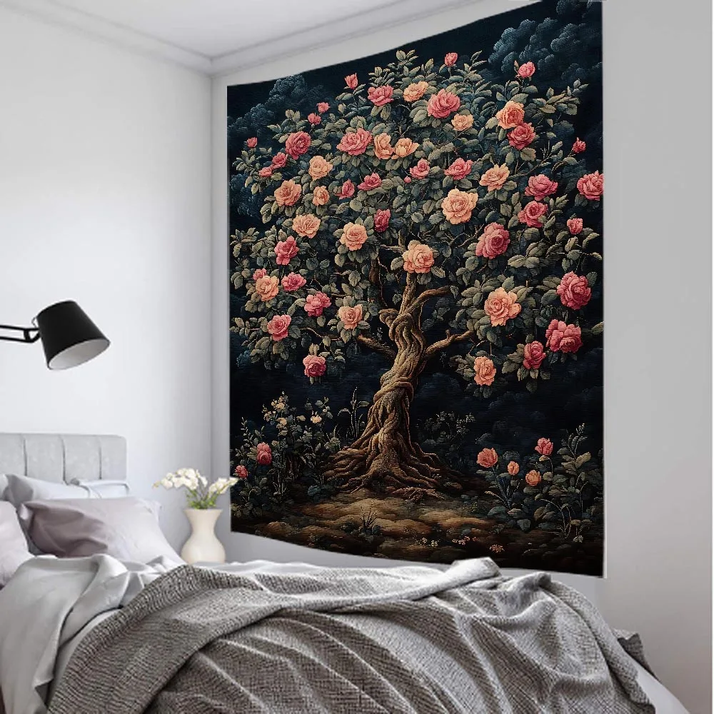 Vintage Tree of Life Wall Tapestry Feudal Aesthetics Thin Carpet Flower Oil Painting Landscape Fabric Mural for Home Decor