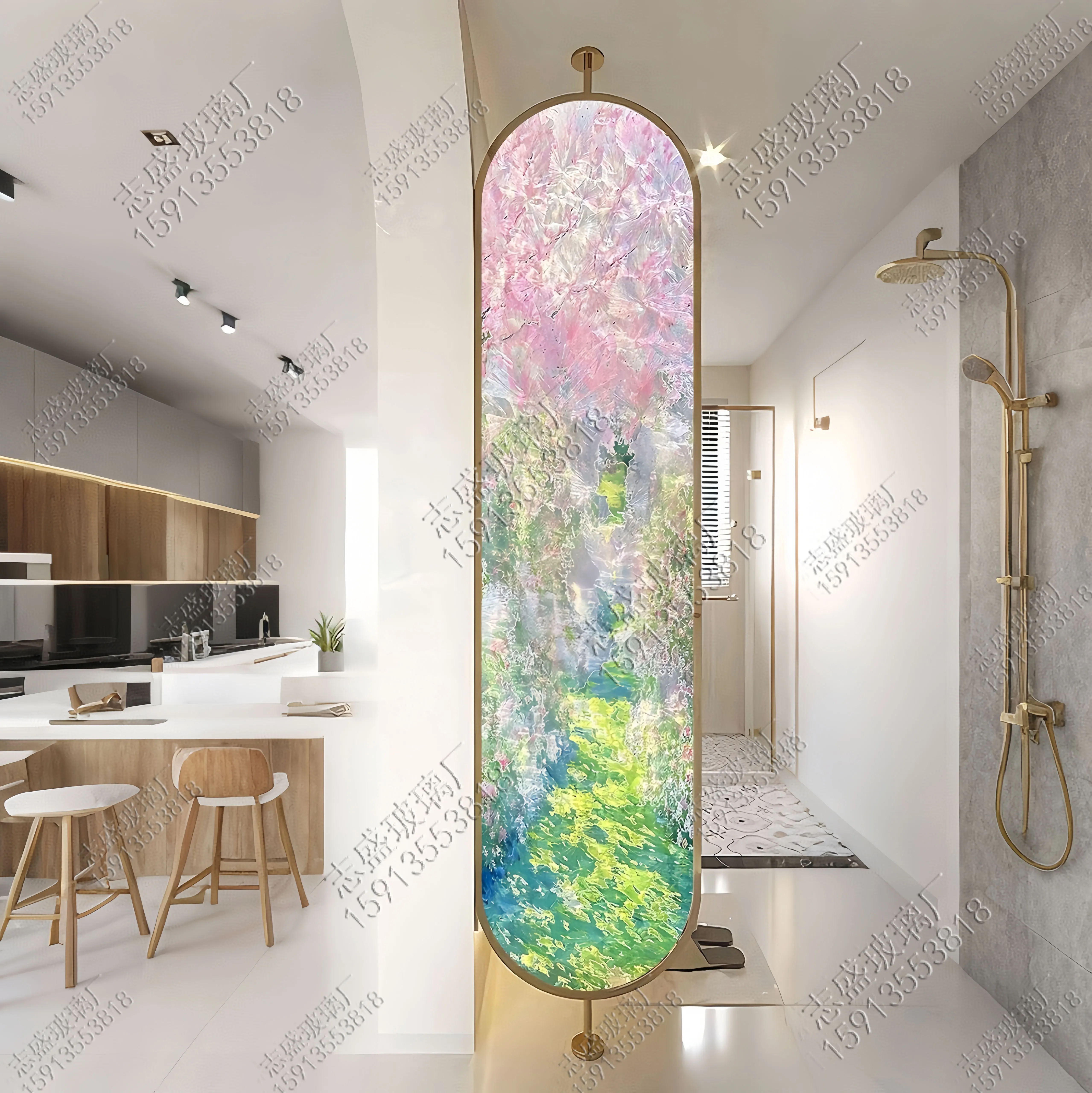 Master bathroom door facing bed partition wall, washbasin cover art deco glass