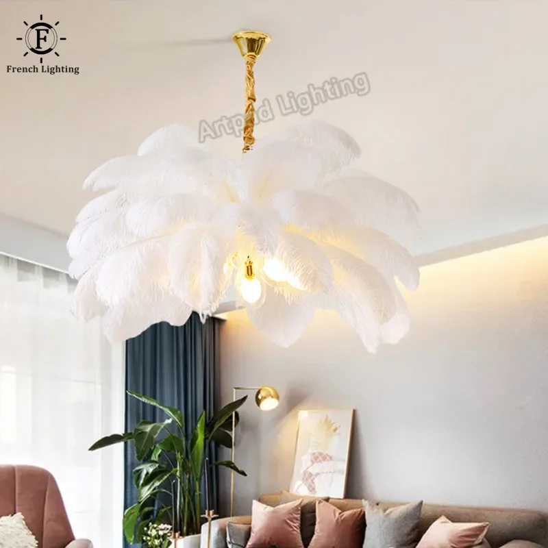 Nordic Chandelier Pink Ostrich Feather Warm Home Decor 100cm Led Pendant Lamp Bedroom Living Room Colorful Lighting