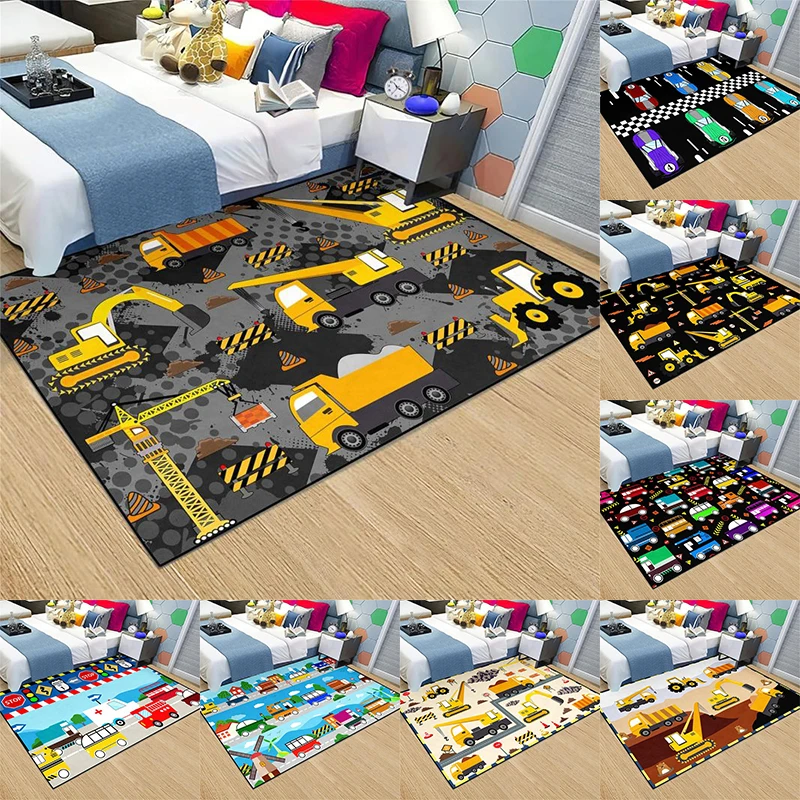 Teppich mit Bauauto-Aufdruck, waschbare Teppiche für Kinder, Schlafzimmer, Wohnzimmer, Küche, Eingangsmatte, rutschfeste Flanellmatten