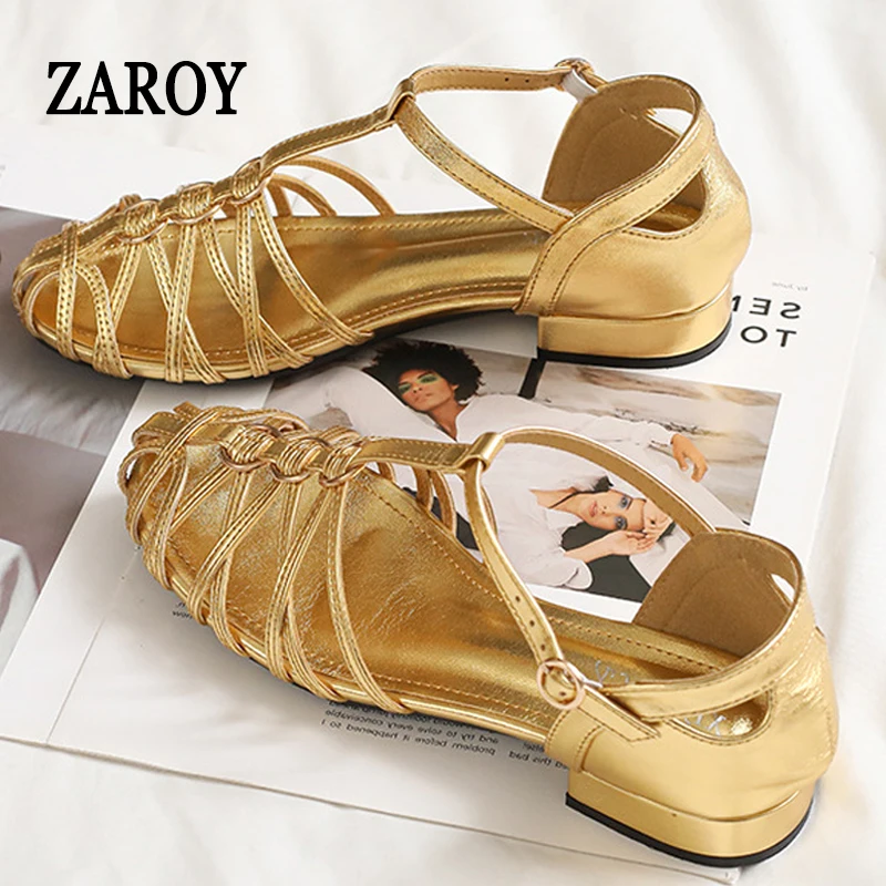Designer Narrow Band Big Size Flat Sandals Women Summer Casual T-tied Cross Strap Weave Hollow Beach Roman Gladiator Sandalias view 2