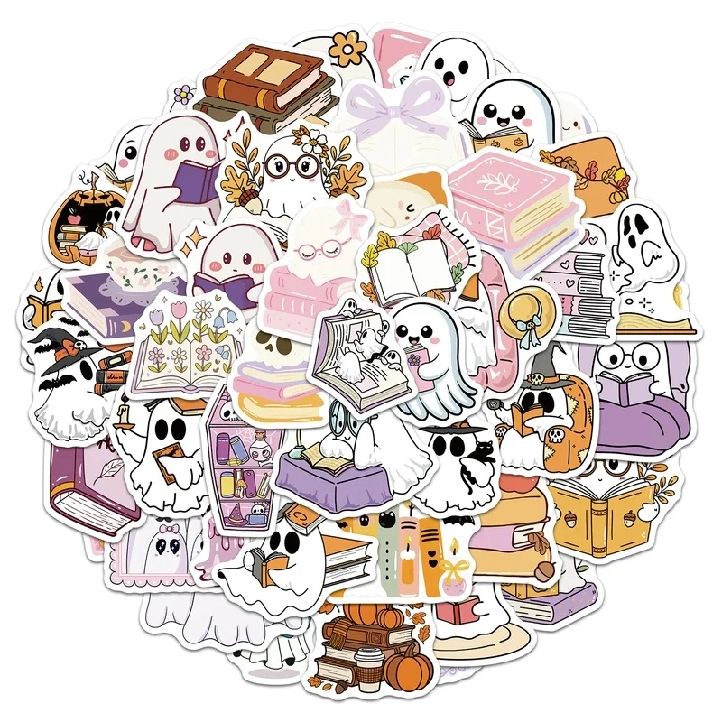 10/30/50PCS Cute Bookish Ghost Fall Halloween Stickers Kawaii Reading Book DIY Decor Phone Laptop Journal Graffiti Sticker Pack