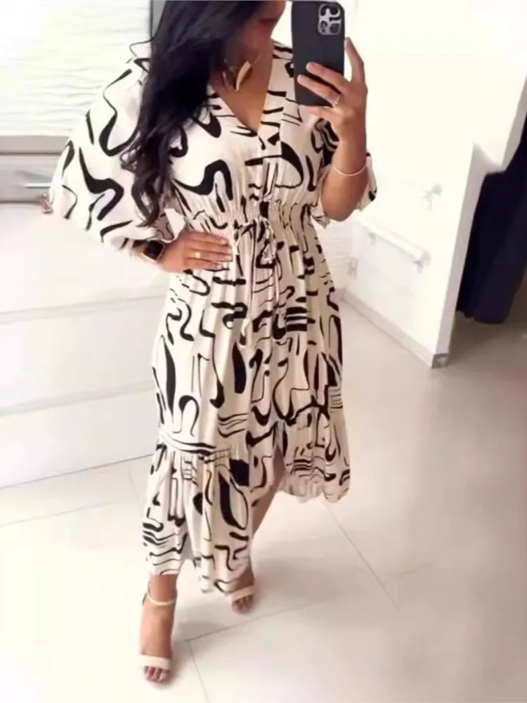 Summer Bohemian Wommen Print Midi Dress V-Neck Half Sleeve High Elastic Waist A-Line Dress Female Fashion Casual Robe Vestido