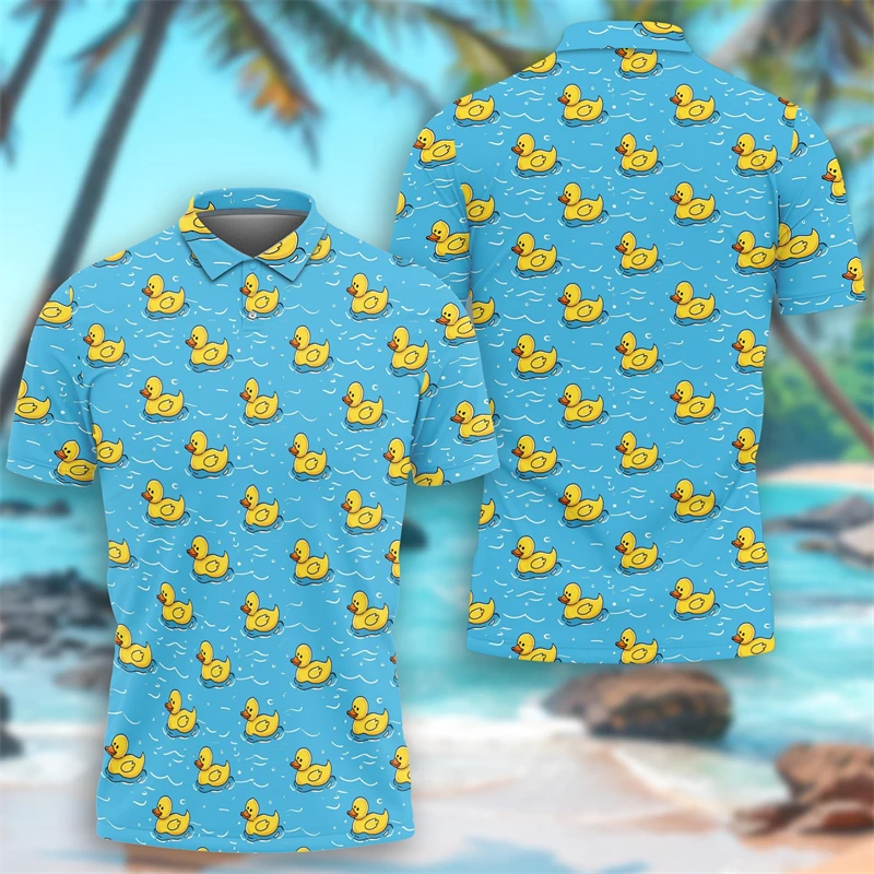 Polo gráfico engraçado dos desenhos animados do pato, Camisas polo de lapela para homens, Roupas fofas para festa, Tops de botão de menino