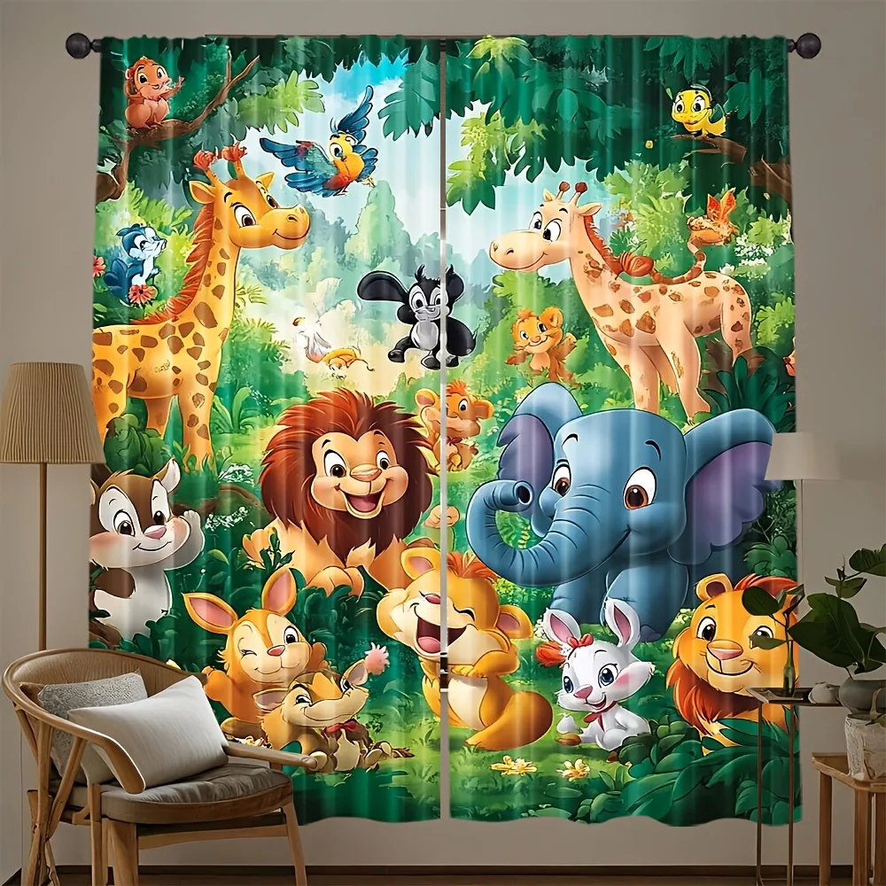 2pcs Cartoon Animal Curtains Kids Jungle Safari Print Polyester Window Drapes for Boys Girls Bedroom Nursery Home Decor