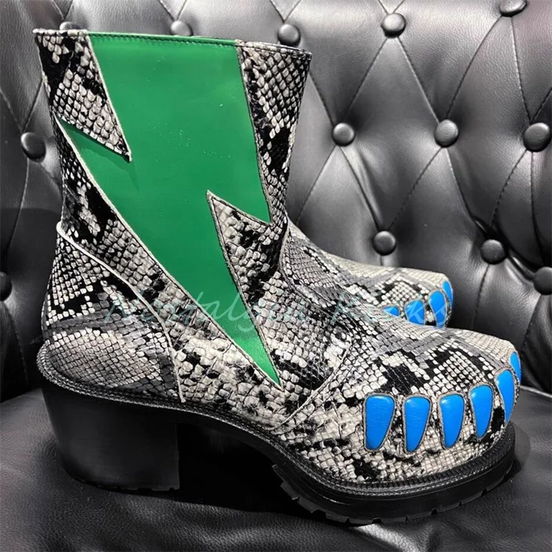

Punk Gothic Side Zip Western Boots Round Toe Green Pattern Snake Print Calf Boots Platform Chunky High Heel Man Shoes Outdoor
