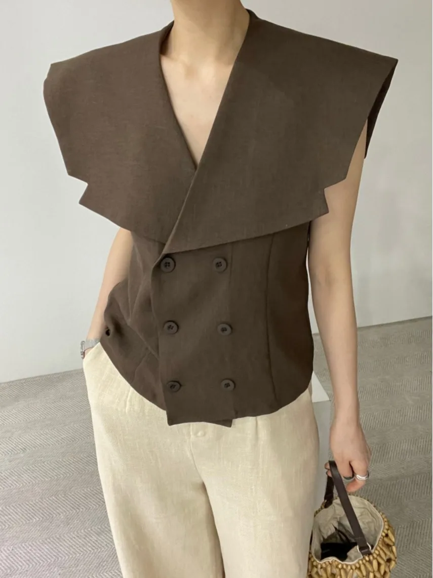 

Chic Summer Vintage Double-Breasted Slim Fit Svel Open Cardigan Vest Top for Women Large Collar Double Row Buttons
