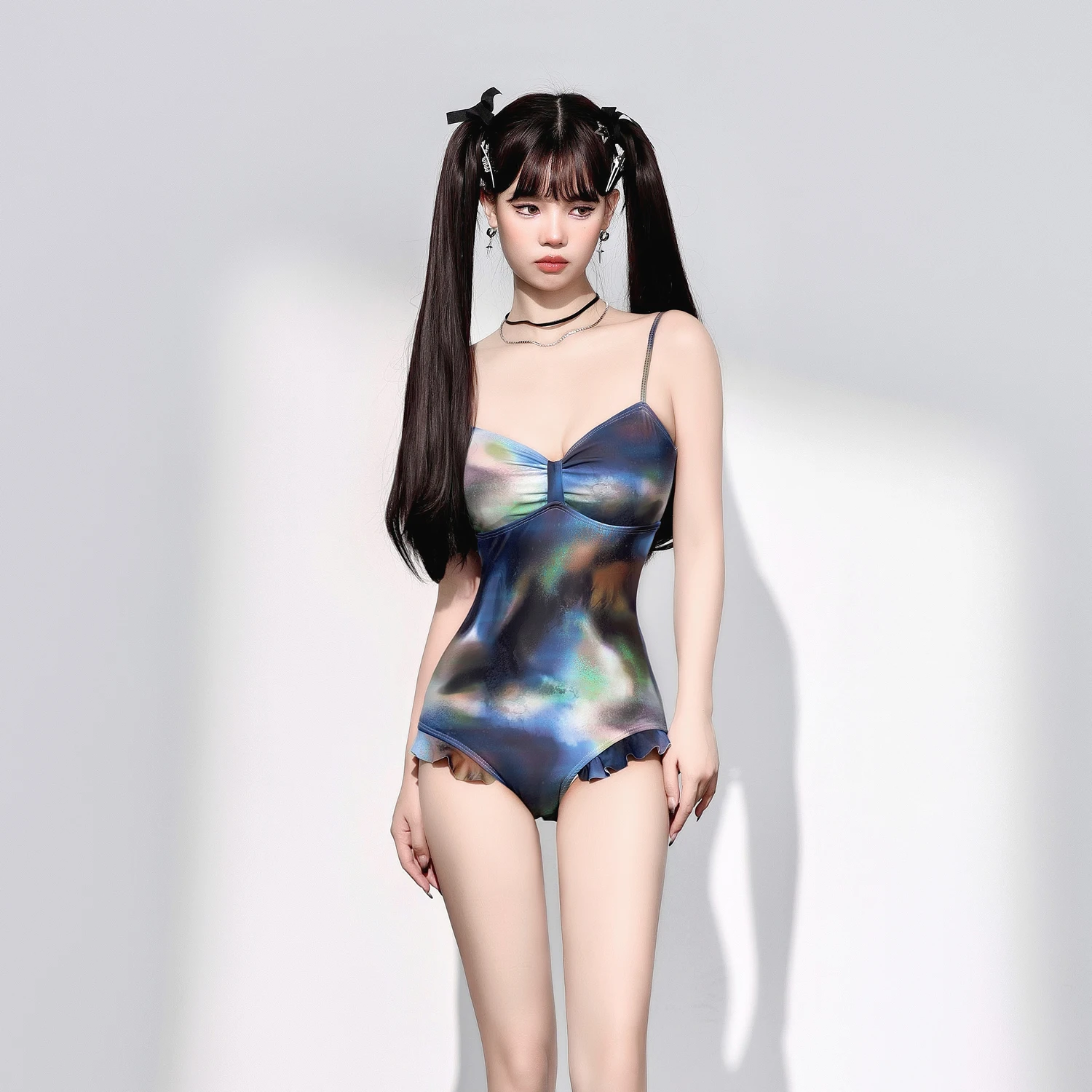 夏新レトロセクシーな対照的な色の三角形ワンピースサスペンダー水着女性プリント休暇プールフリル V ネック水着