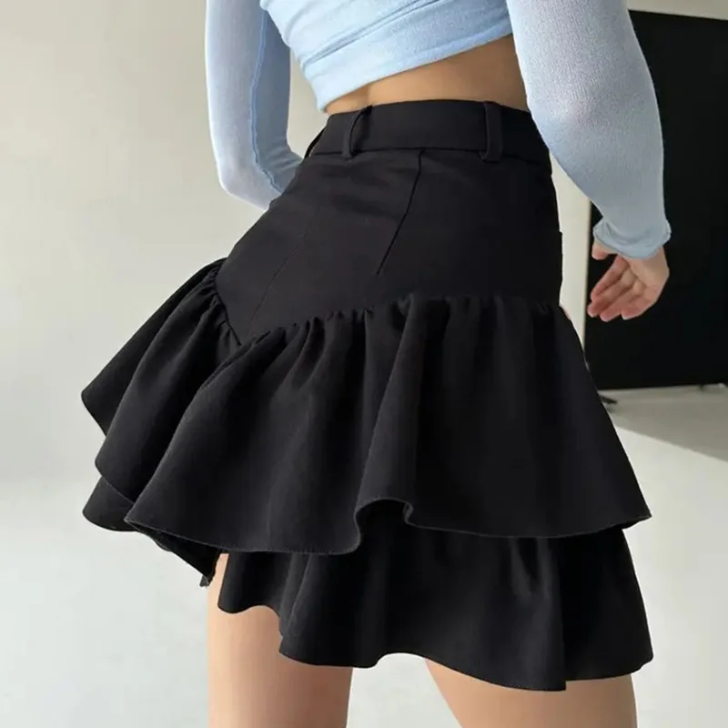 Ruffles Slim High Waist Shorts Skirts Women Black Temperament Splice Casual Street Elegant Skirt Ladies Fashion Folded Design