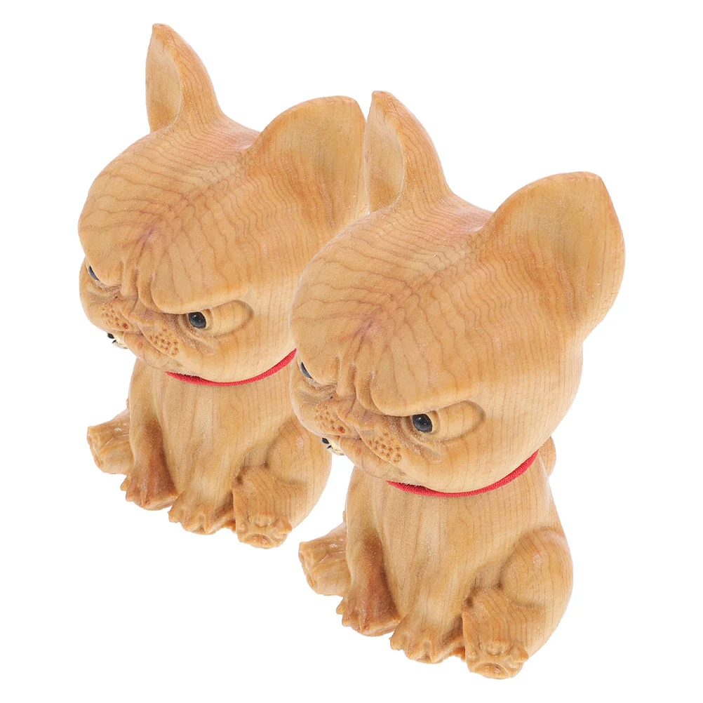 

2Pcs Wooden Animal Sculpture Bulldog Ornament Hand-Carved Desktop Decor Office Home Car Accessories Wood Bulldog Statue