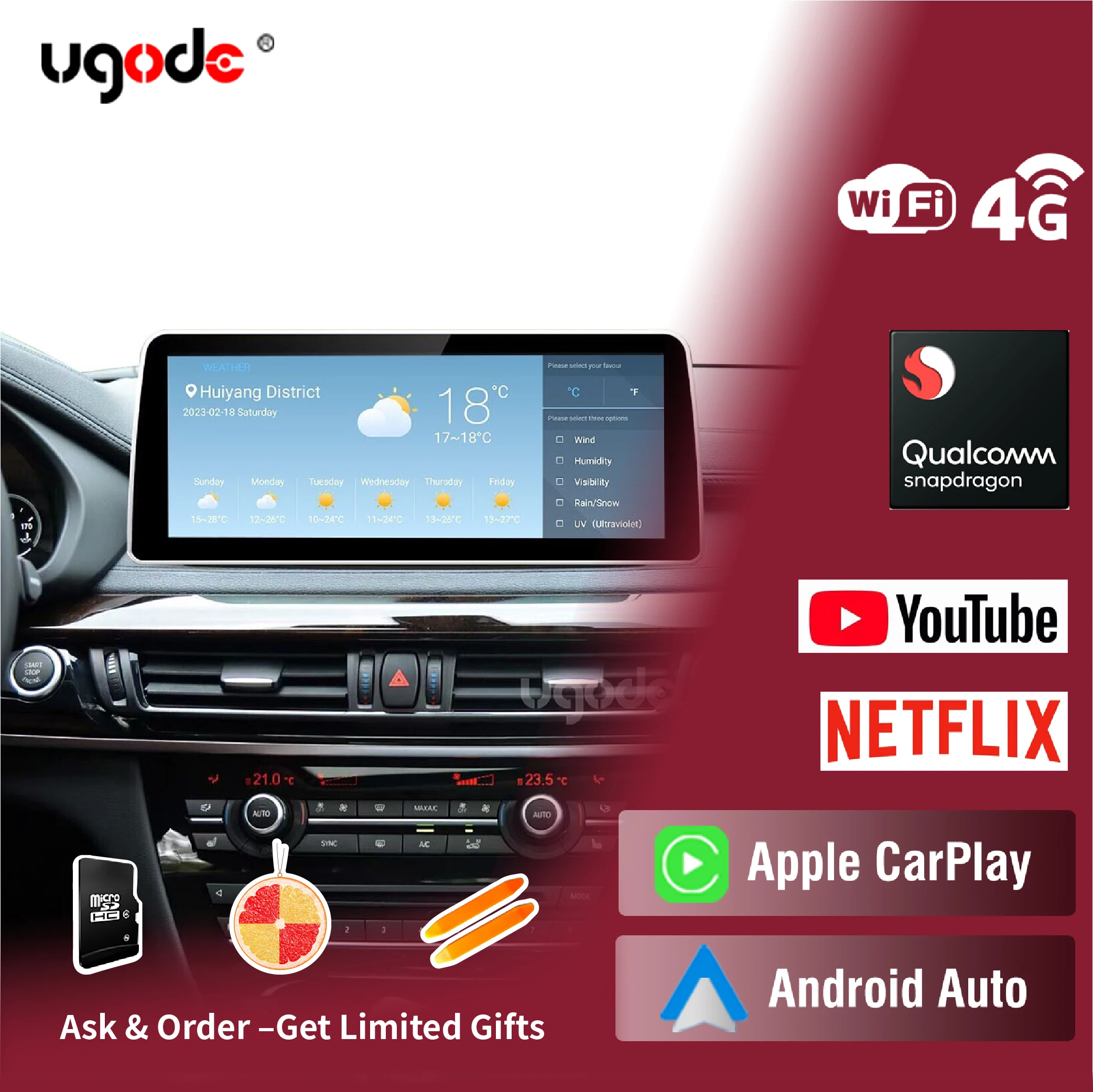 Ugode12.3'' Qualcomm Snapdragon 680 Android 13 Car Radio Player For BMW X5 X6 F15 F16 G12 Navigation Multimedia Wireless Carplay