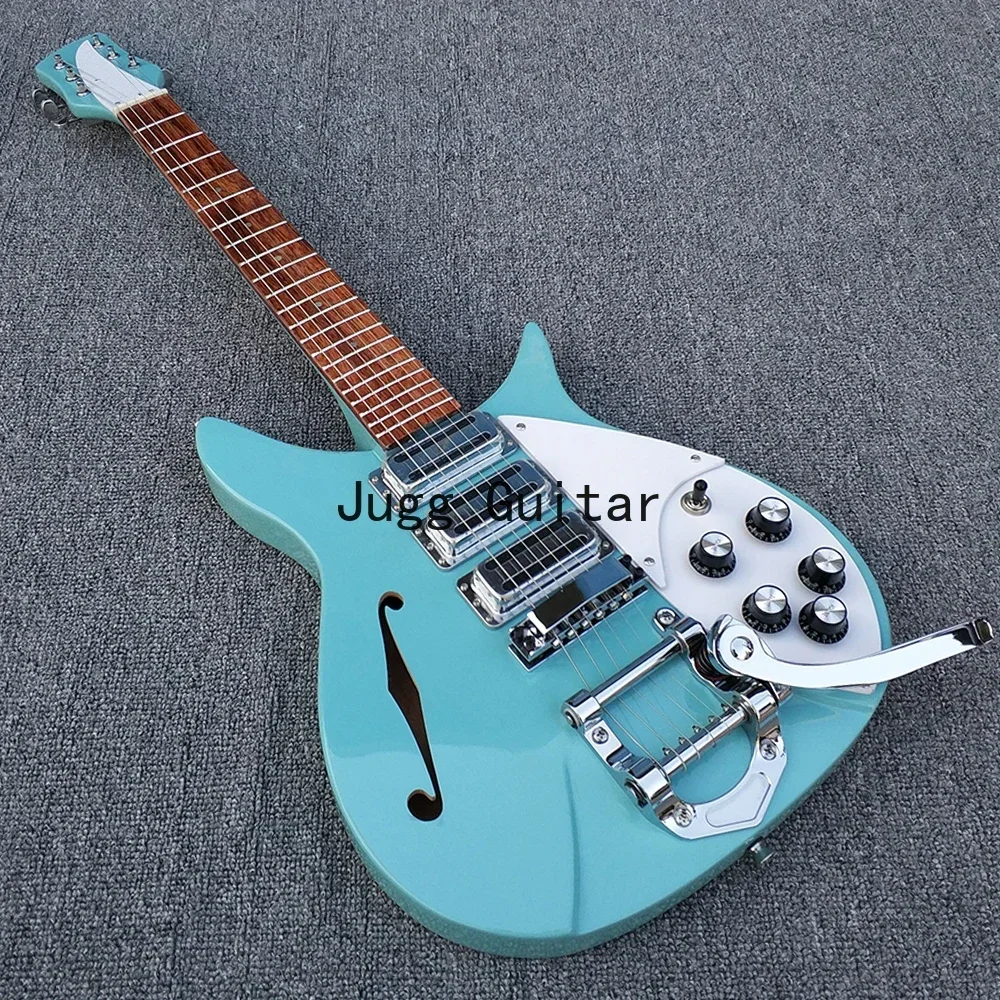 325 Short Scale 527 MM Semi Hollow Light Green Electric Guitar 3 Pickups, Single F Hole, Lacquer Fingerboard