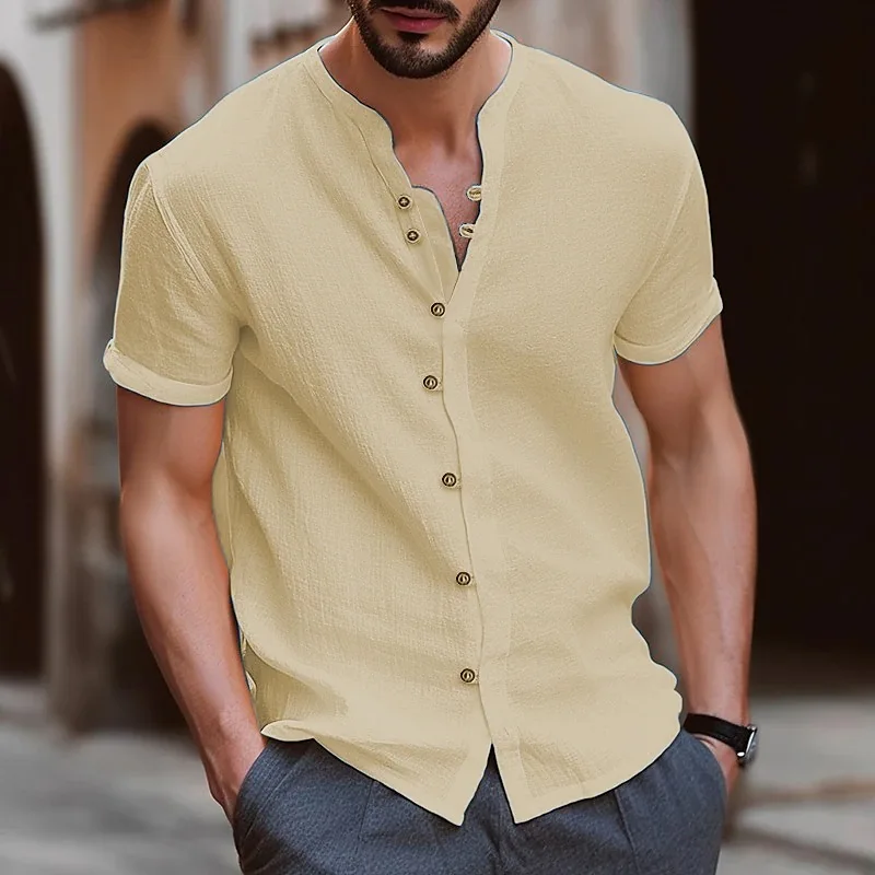 Nuevo estilo, camisa para hombre, tendencia de moda de verano, cuello levantado, botón de cáñamo de algodón, Top informal ajustado de manga corta