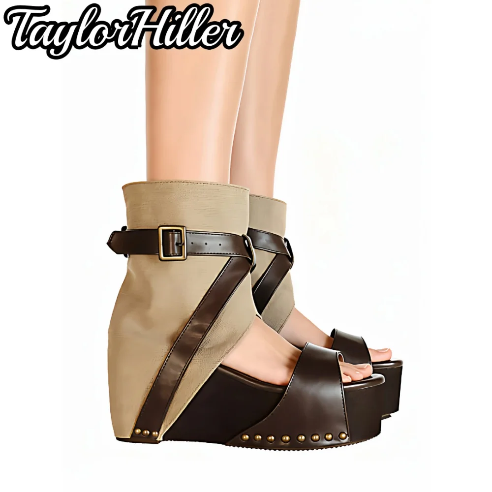 Roman Style Buckles Heeled Sandals Thick Sole Wedges High Heels Women Summer Patchwork Shoes 2026 T-strap One Strap Sandalias