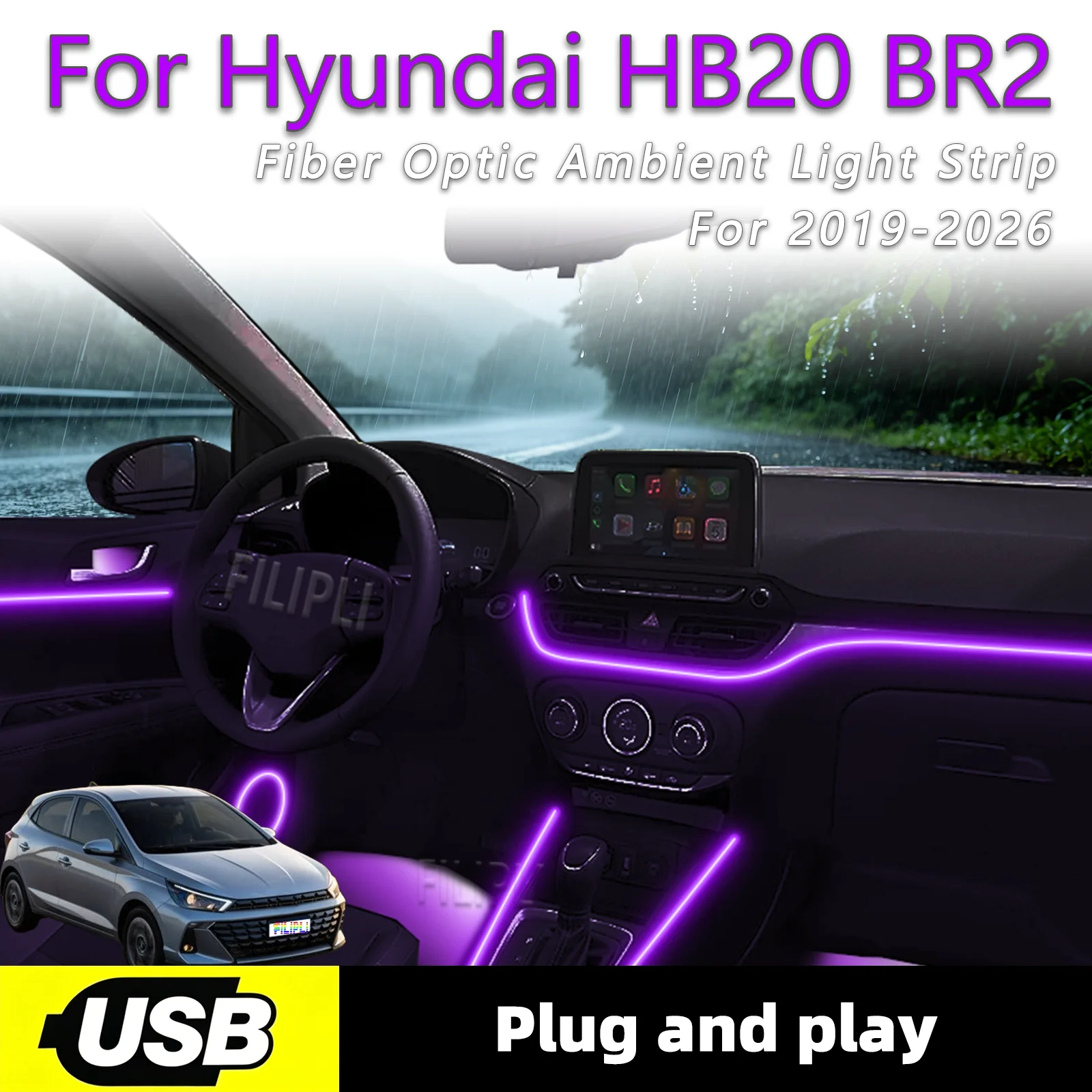 

Светодиодные ленты для внутренней подсветки салона Hyundai HB20 BR2 2019-2026, 6-в-1, с USB-интерфейсом