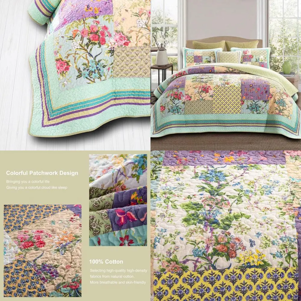 

Комплект хлопковых одеял King с цветочным принтом — двустороннее, дышащее, красочное лоскутное покрывало с наволочками на все сезоны