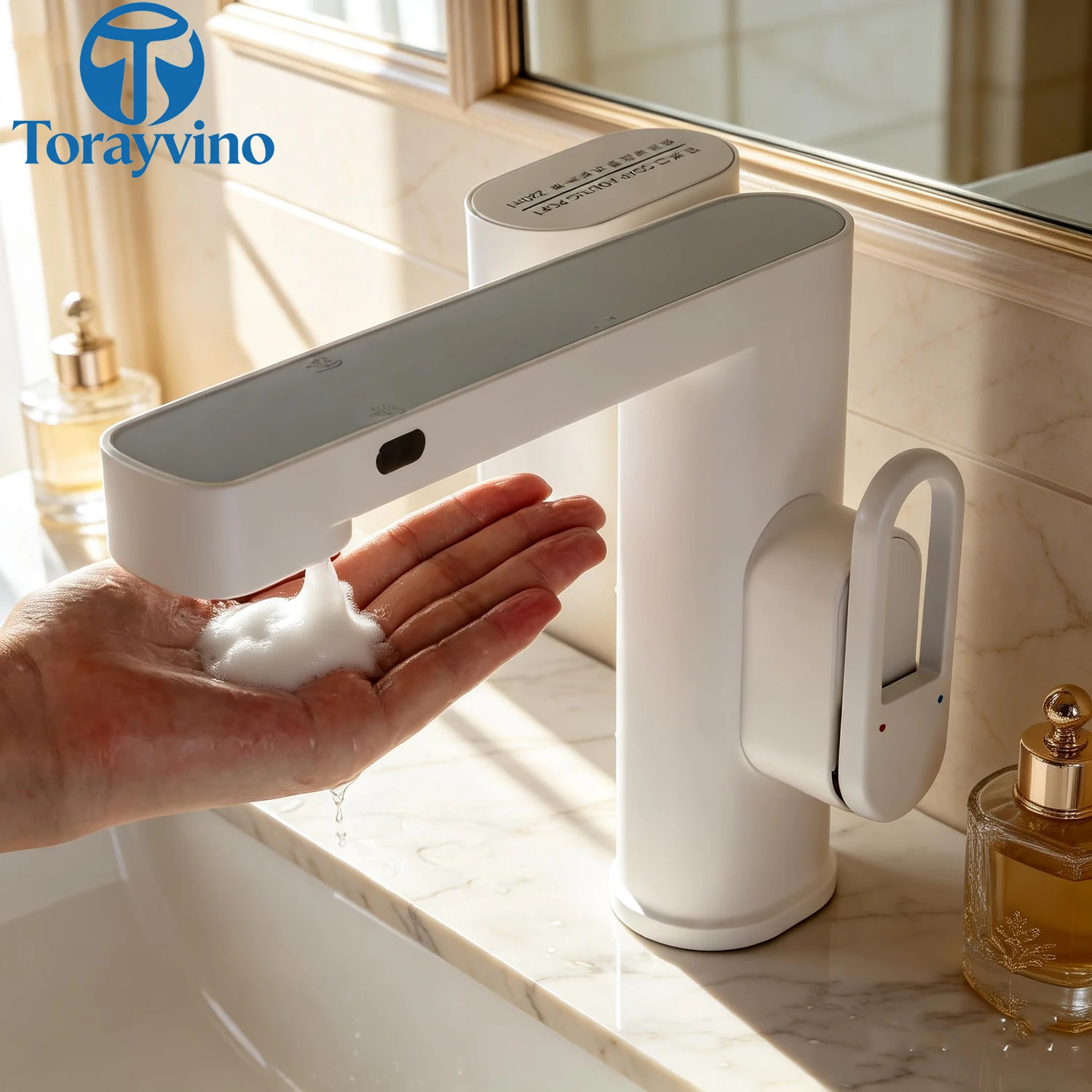 Torayvino Bathroom Basin Sensor Faucet Deck Mounted With Soap Dispenser Foam Style Touch Free Hot Cold Water Outlet Mixer Taps