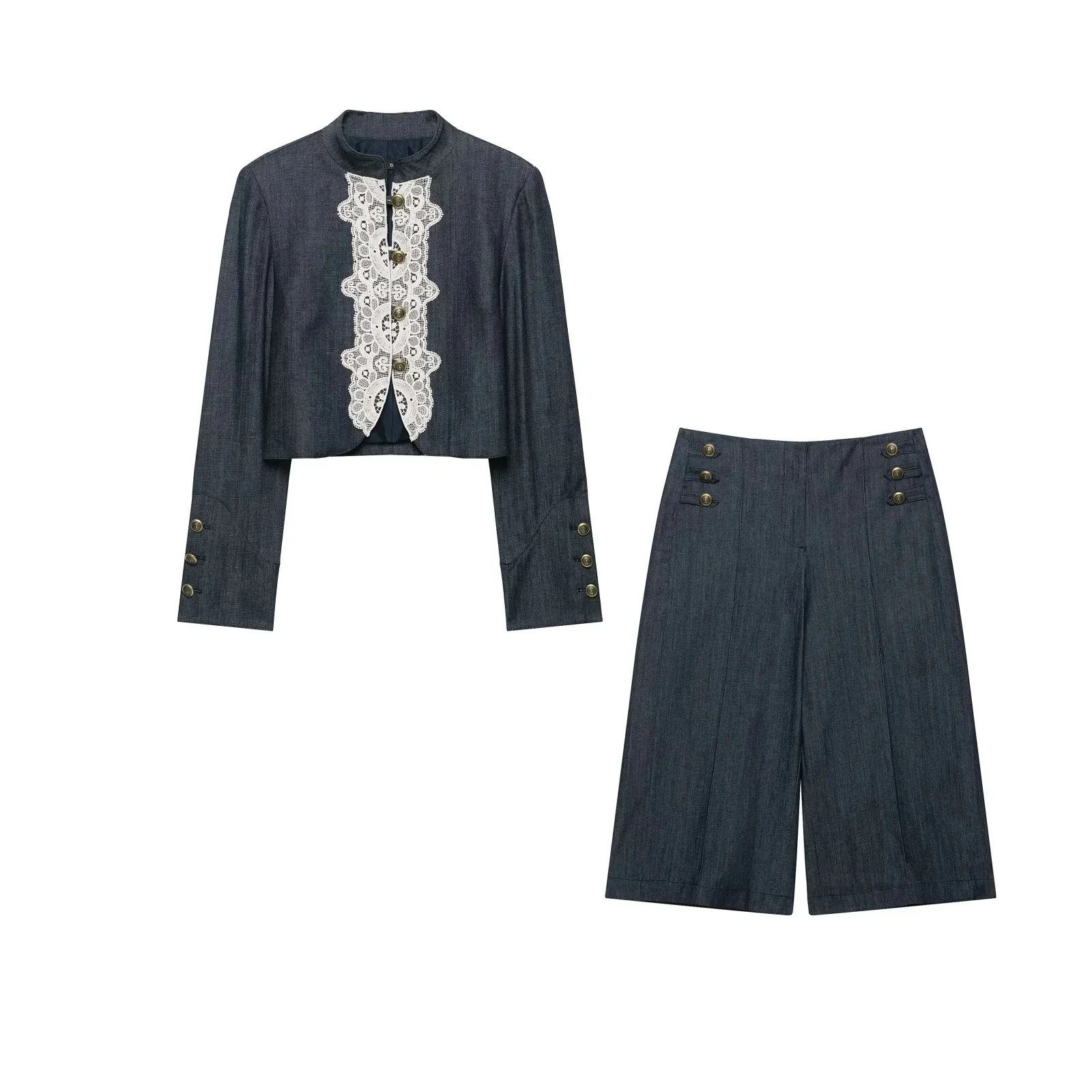 KONDALA Vintage Casual Grauer Damen-Shorts-Anzug mit Spitzen-Patchwork, Knopfverschluss, Langarm-Oberteil, kurze Hose, Mode 2026 Herbst-Winter-Anzug – Detail 3