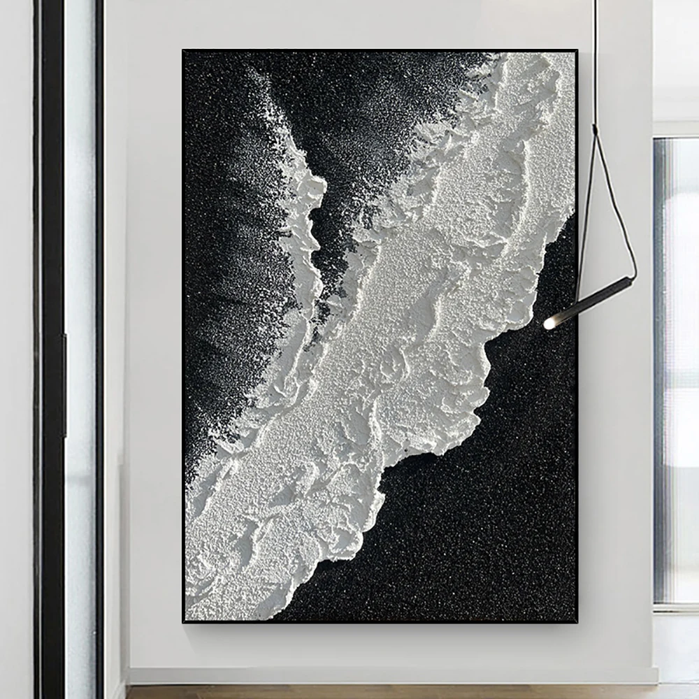 

Hand Painted Oil Painting Black And White Wave 3D Texture Abstract Painting Living Room Decoration Painting Handmade Artwork