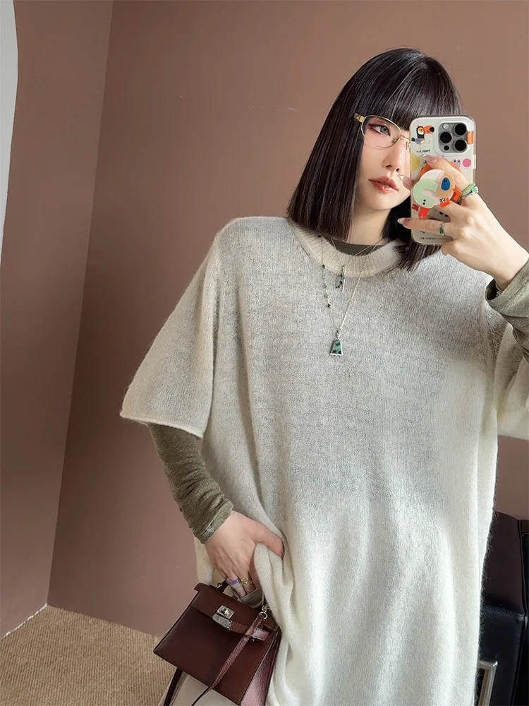 

Ultra-Fine Cashmere Knitwear Misty Forest Atmosphere STOLL Silhouette Women's Short Sleeve round Neck Wool Blend Sweater
