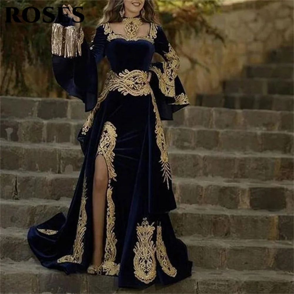 

ROSES Navy Blue Muslim Prom Dresses Split Party Dress with Pleats Regular Sleeve Morocco Evening Dresses for Woman Customized