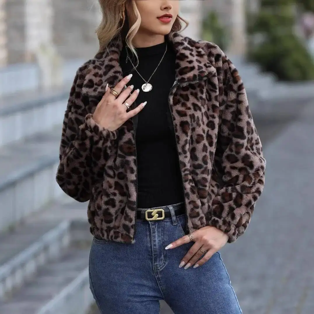 

Zekye Winter Women Jacket Leopard Print Thick Plush Hooded Warm Long Sleeve Soft Zipper Loose Cardigan Lady Coat
