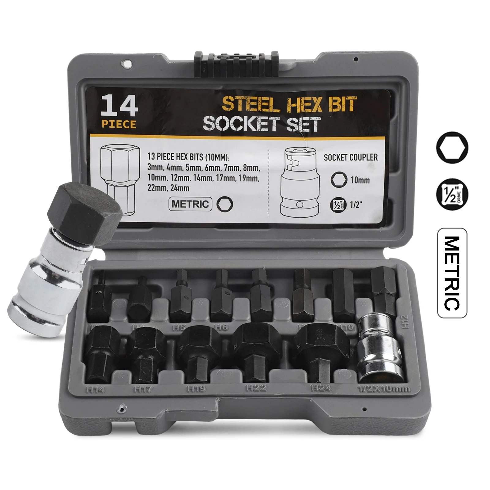 for versatile Hand Tool For Repairs Hand Tool Set 1 2 Inch Drive 3 4 5 6 7 8 10 12 14 17 19 22 24mm Hex Bit Socket Set