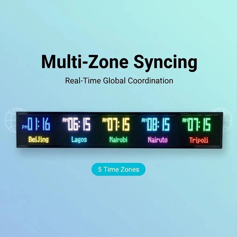 

World Clock Electronic Screen, NTP Auto Sync with DST, Adjustable Brightness/Font, 12/24H Format, Dual Display Modes,