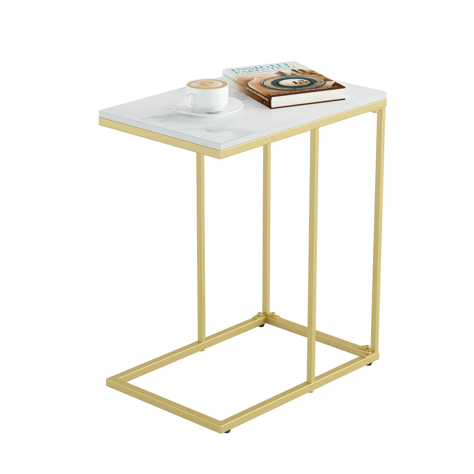 Marble Side End Table, C Shaped Couch, Coffee Table, Slide Under Sofa Bed, Indoor Gold Metal Frame