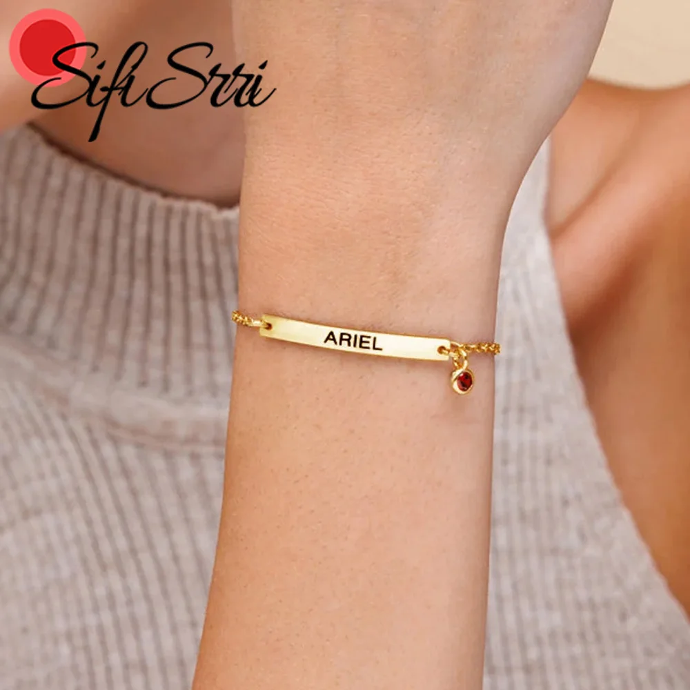 

Sifisrri Engrave Name Bracelet For Women Baby Stainless Steel Jewelry with Birthstone Link Chain Mother Kids Personalized Gift