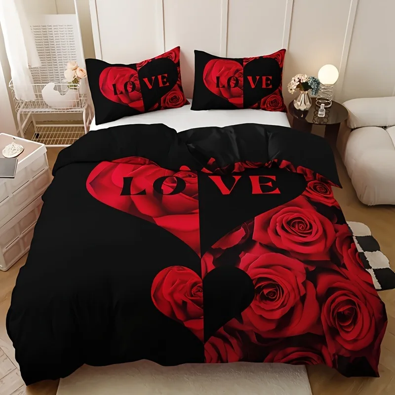 Red Rose Duvet Cover Set King Size, Red And White Comforter Cover Sets With Zipper Closure, Romantic Hearts Lover Bedding Set