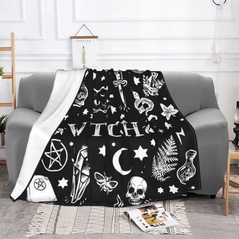 Witch Pattern 3D Print Blankets Breathable Soft Flannel Winter Halloween Occult Gothic Magic Throw Blanket for Couch Car Bed