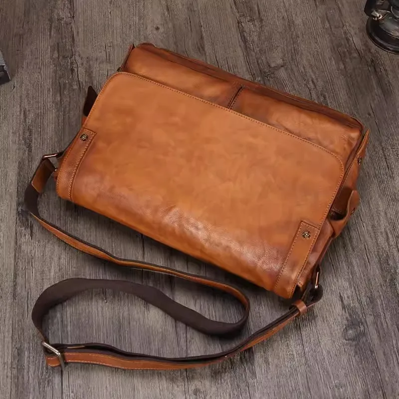 Bolso de mensajero de hombro de cuero Retro para hombre, de gran capacidad Maletín de negocios, bolsas para portátiles, primera capa de cuero hecho a mano, suave