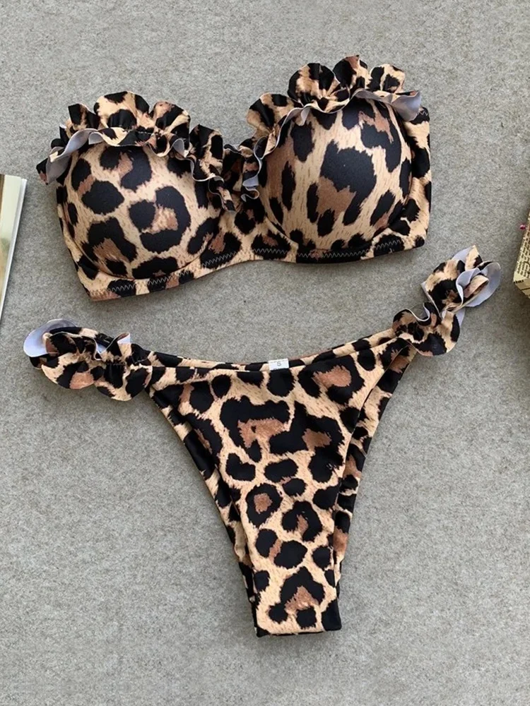 Costume da bagno donna bikini 2025 Nuovo bikini in pizzo a fascia leopardato Set costume da bagno sexy perizoma estivo costume da bagno da spiaggia a due pezzi femminile